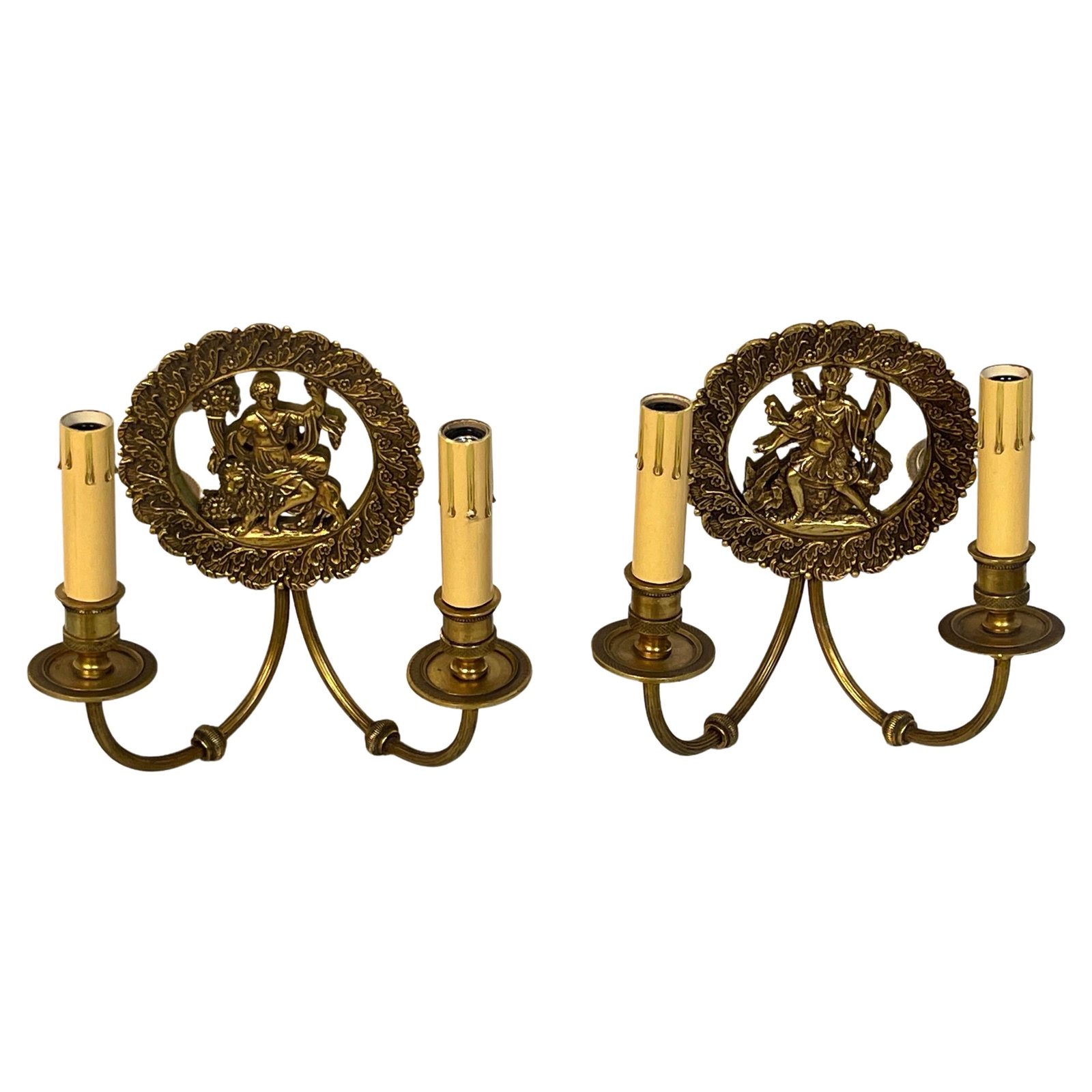 Neoclassical French Bronze Mirror Wall Sconces Set of 2 1950s: Neoclassical French Bronze Mirror Wall Sconces Set of 2 1950s This exquisite pair of French wall sconces from the 1950s showcases a stunning neoclassical design. Each sconce features a 5.5-inch diamet