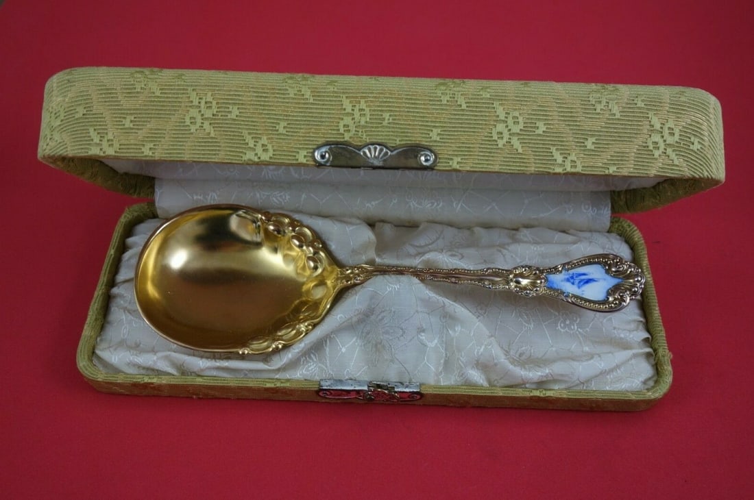 Alvin Orient sterling silver berry spoon vermeil enamel sailboats box (1 of 2)