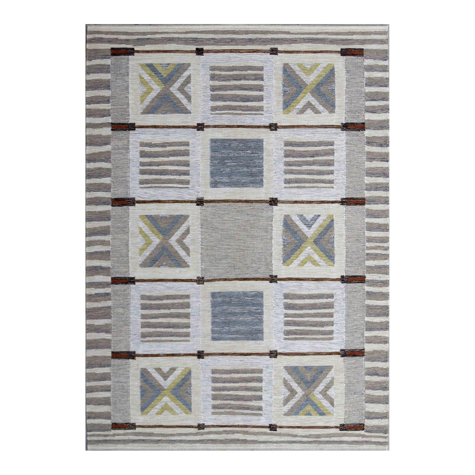 Handmade Scandinavian Wool Rug 9'3 x 11'10 Gray Geometric Design: Handmade Scandinavian Wool Rug 9'3 x 11'10 Gray Geometric Design Elevate your living space with this stunning contemporary Scandinavian flatweave rug, handcrafted from organic wool. The rug features a