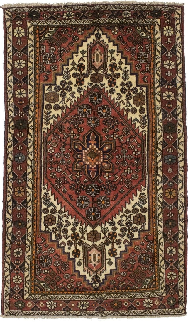 3'8 x 6'5 Wool Tribal Geometric Vintage Hand-Knotted Area Rug: 3'8 x 6'5 Wool Tribal Geometric Vintage Hand-Knotted Area Rug This handmade Oriental area rug features a geometric tribal design in a vibrant palette of bittersweet red, cream, navy blue, olive green,