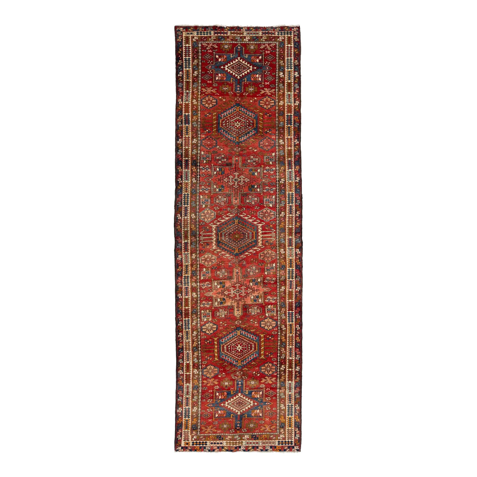 Handmade Vintage Persian Wool Runner 3'4 x 11'1 Red: Handmade Vintage Persian Wool Runner 3'4 x 11'1 Red This vintage hand-knotted Persian wool runner showcases a captivating allover multicolor design beautifully contrasted against a rich red background