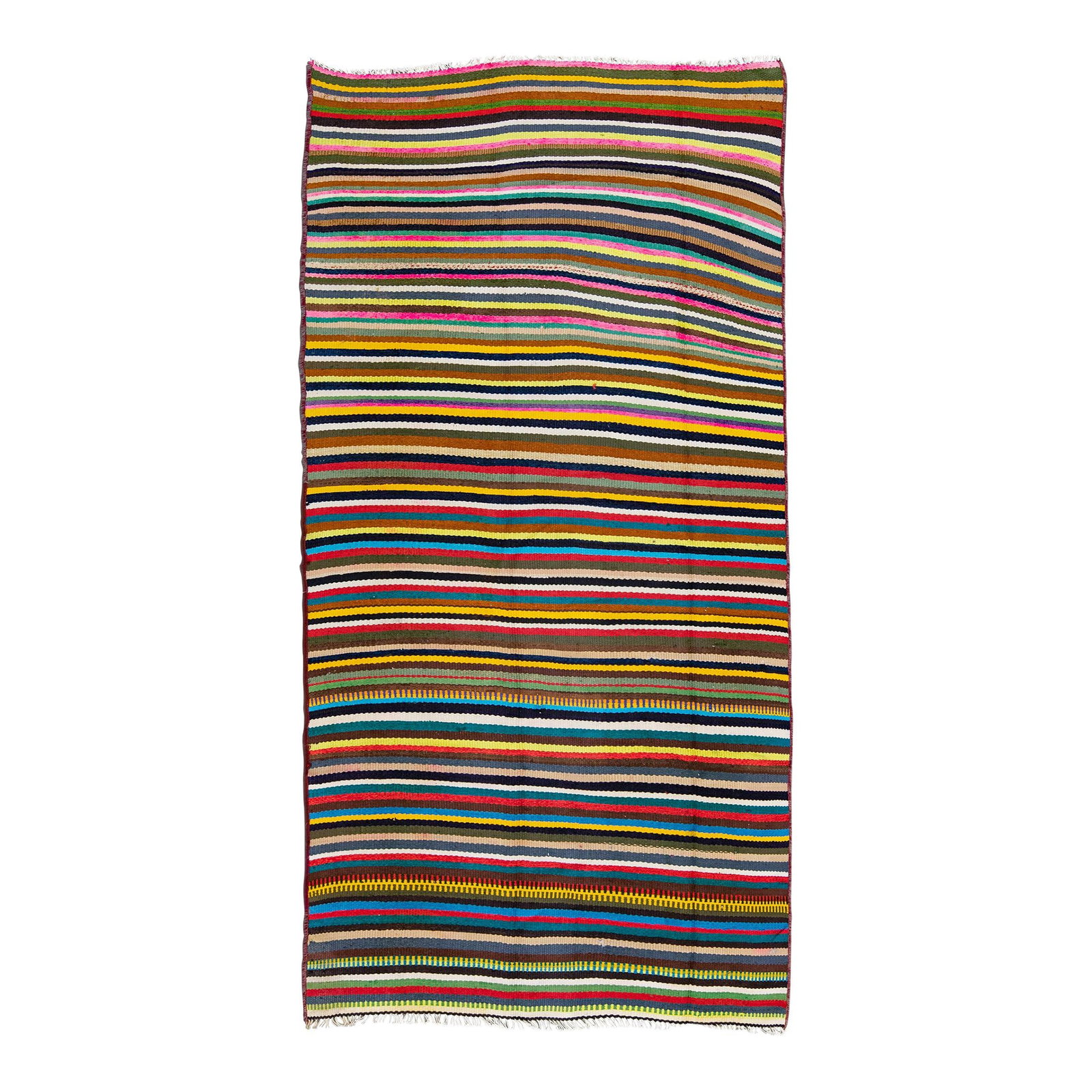 Vintage Multicolor Kilim Handmade Wool Runner 4'1" x 8': Vintage Multicolor Kilim Handmade Wool Runner 4'1" x 8' Enhance your space with this stunning multicolor vintage kilim handmade wool runner. Featuring a vibrant all-over striped design, this flatweave