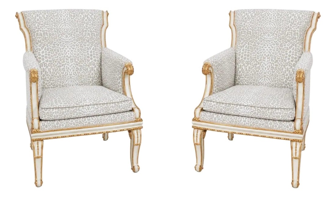 Pair French Louis XVI lounge chairs newly upholstered (1 of 10)