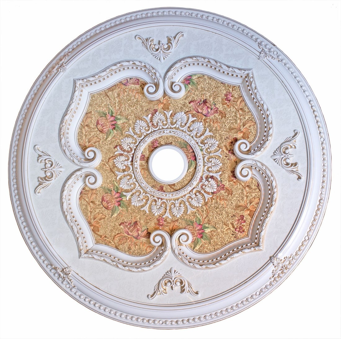 Artistry 43 Inch Antique White Floral Ceiling Medallion: Artistry 43 Inch Antique White Floral Ceiling Medallion Enhance your space with this 43-inch round chandelier ceiling medallion in an antique white finish featuring vintage floral detailing. Crafted f