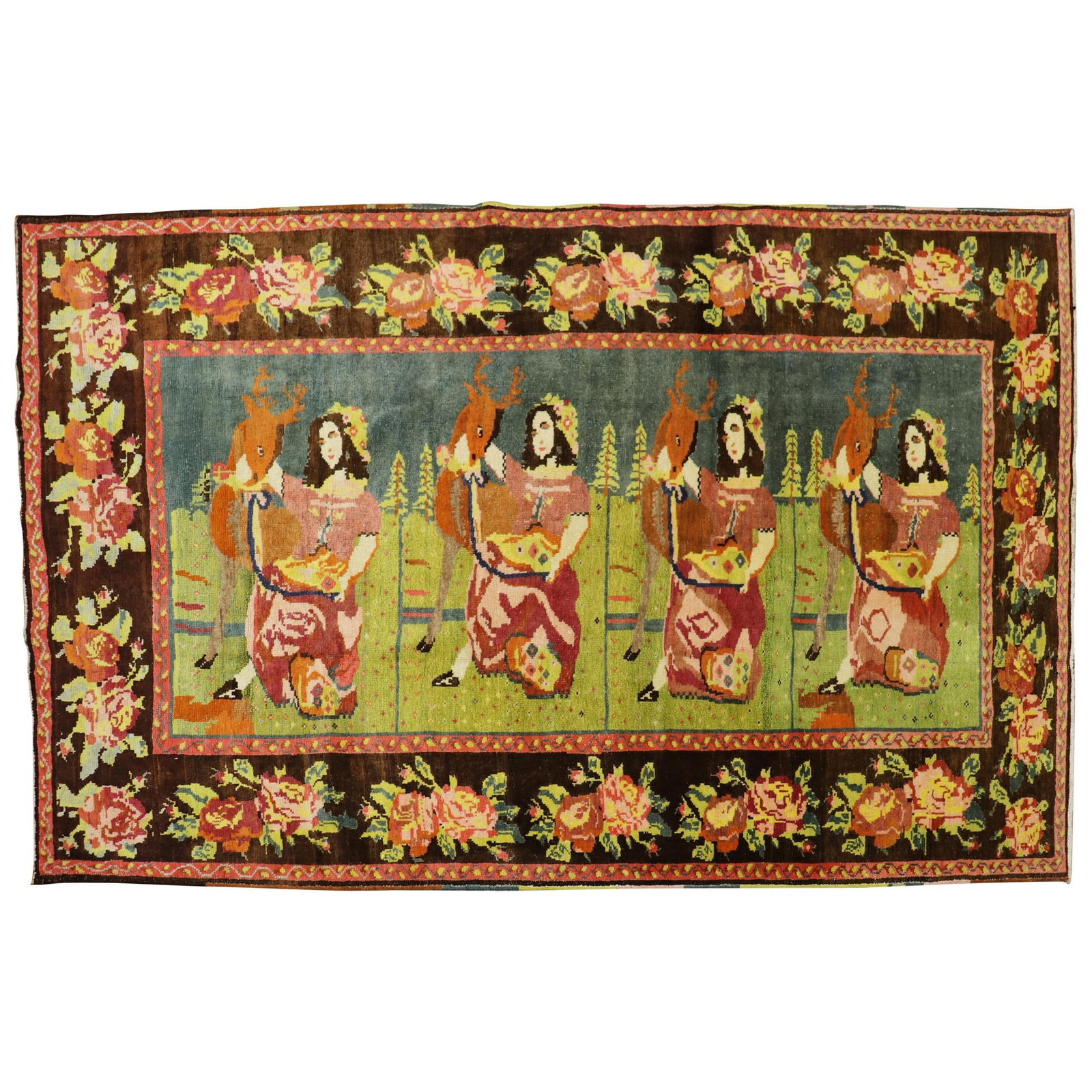 Mid-20th Century Hand-Woven Russian Karabagh Rug with Ladies and Deer: Mid-20th Century Hand-Woven Russian Karabagh Rug with Ladies and Deer This exquisite vintage Karabagh rug from mid-20th century Russia showcases a vibrant folk art style. Measuring 4'9" x 8' (57 in x 