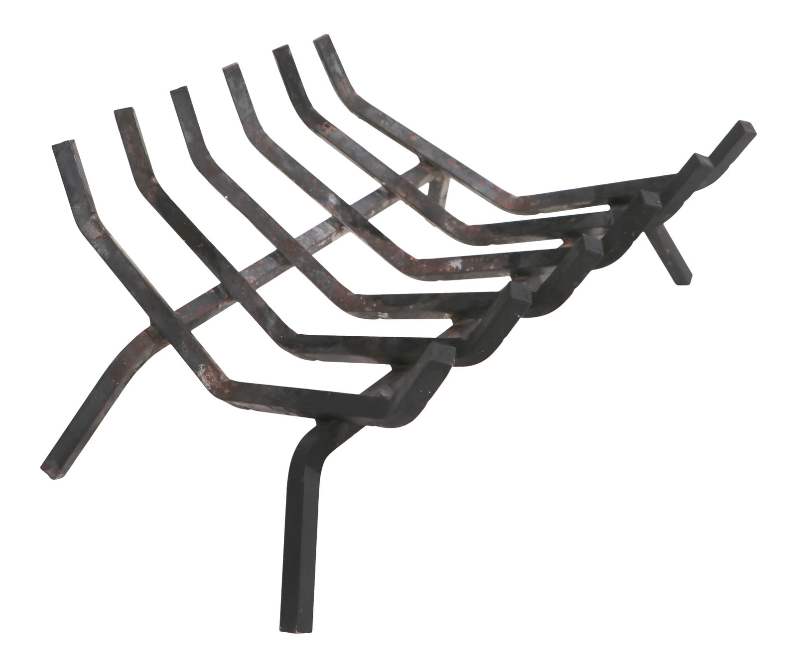 Mid Century Black Iron Fireplace Grate with 6 Log Supports: Mid Century Black Iron Fireplace Grate with 6 Log Supports This elegant Mid Century Iron Fireplace Grate features a sturdy design with six log support brackets mounted on two inverted bracket legs. It