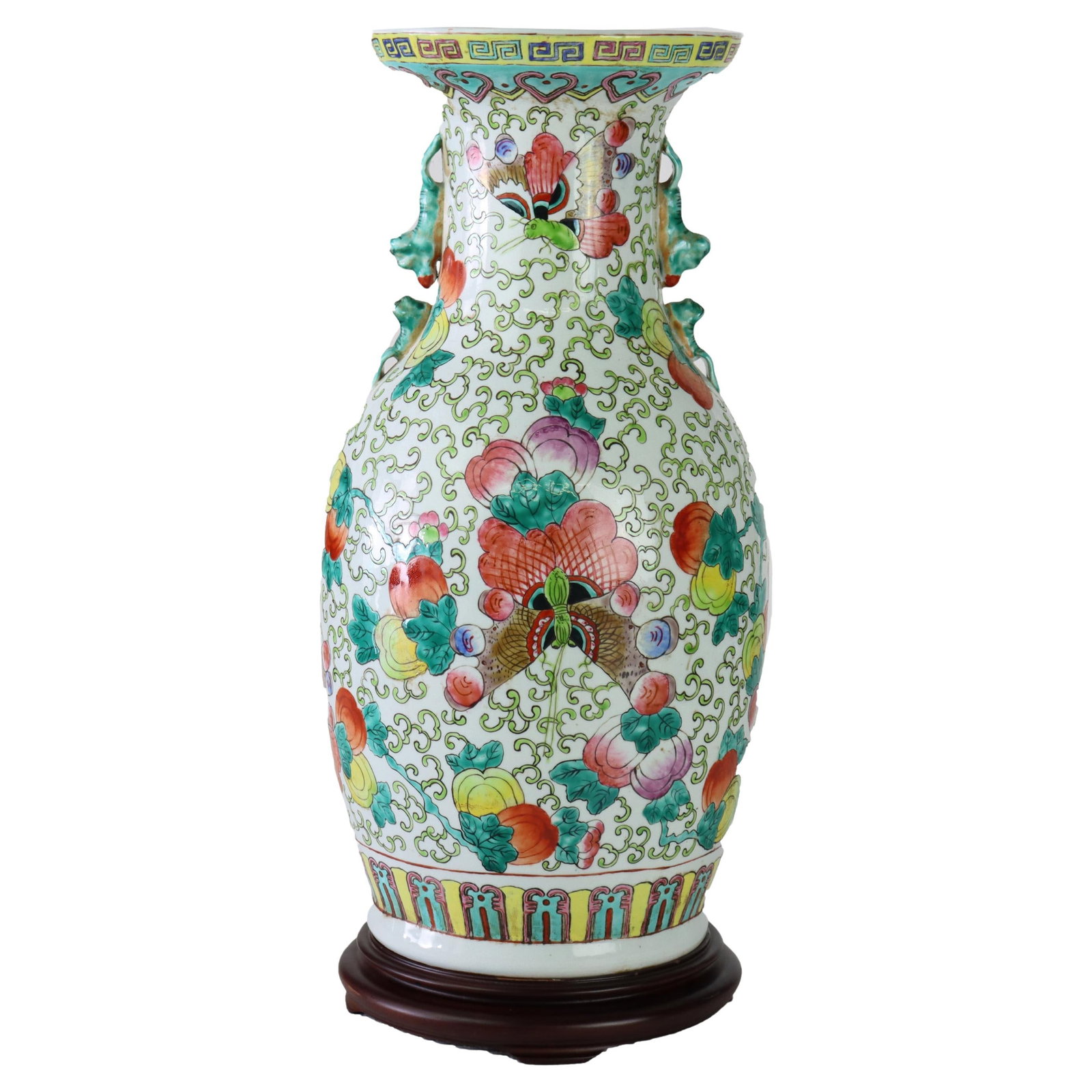20th Century Chinese Famille Rose Porcelain Vase on Wooden Base Signed (1 of 8)