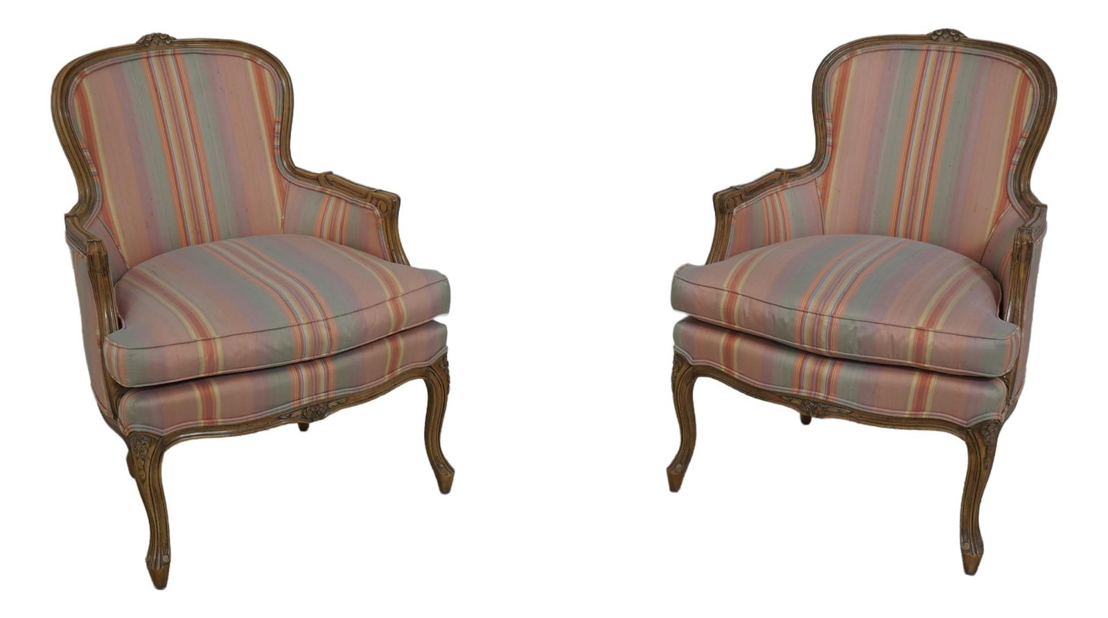 Pair Century Tuscany Louis XV Bergere Chairs with Carved Details: Pair Century Tuscany Louis XV Bergere Chairs with Carved Details This exquisite pair of Century Tuscany French Louis XV Bergere chairs, crafted around 1992, showcases the elegance of French style with