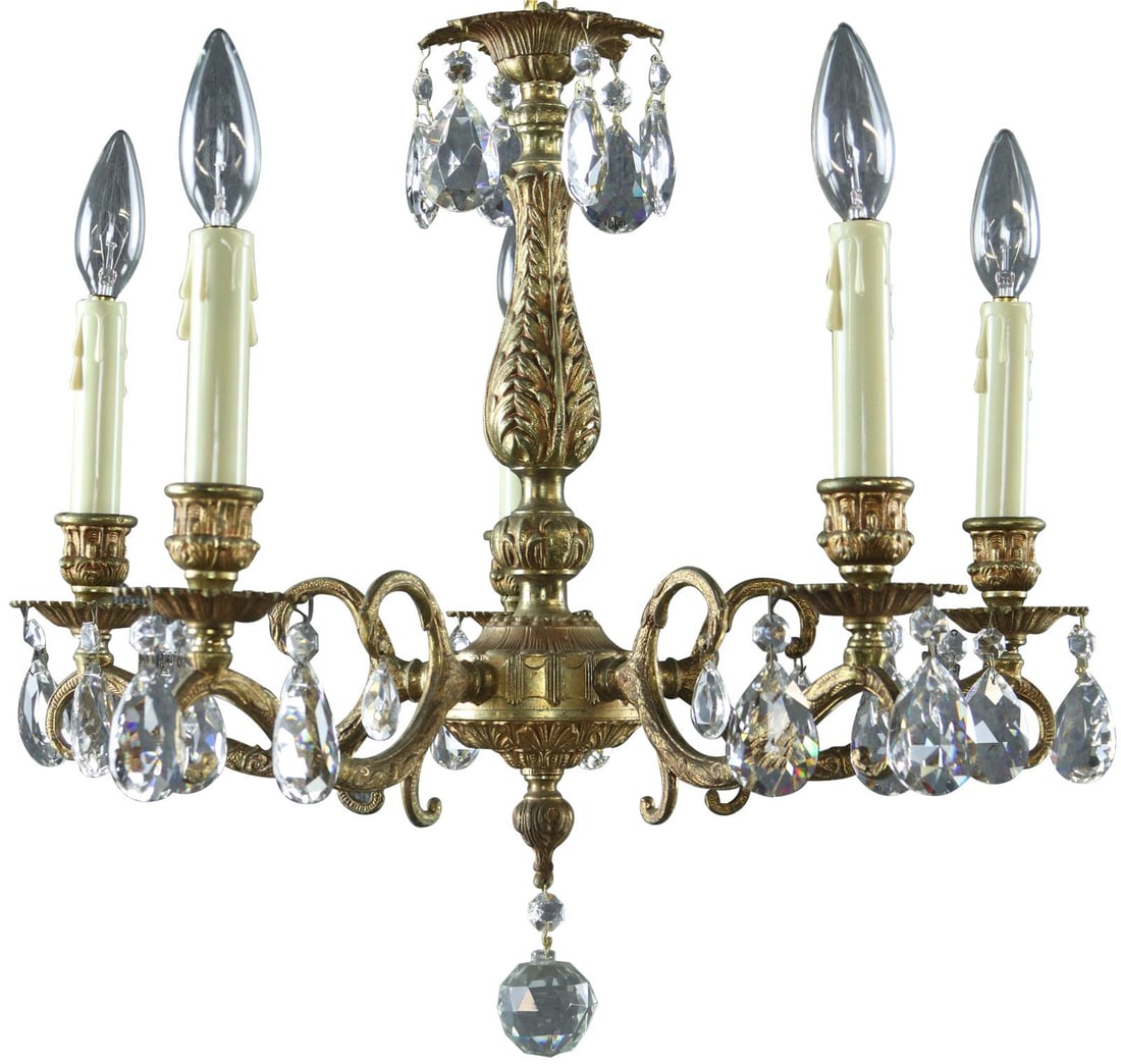 Vintage 1950 Brass Rococo 5-Light Bowl Chandelier: Vintage 1950 Brass Rococo 5-Light Bowl Chandelier Illuminate your space with this Elegant Vintage Brass Rococo Chandelier, a stunning centerpiece that embodies classic elegance. Featuring a beautiful 