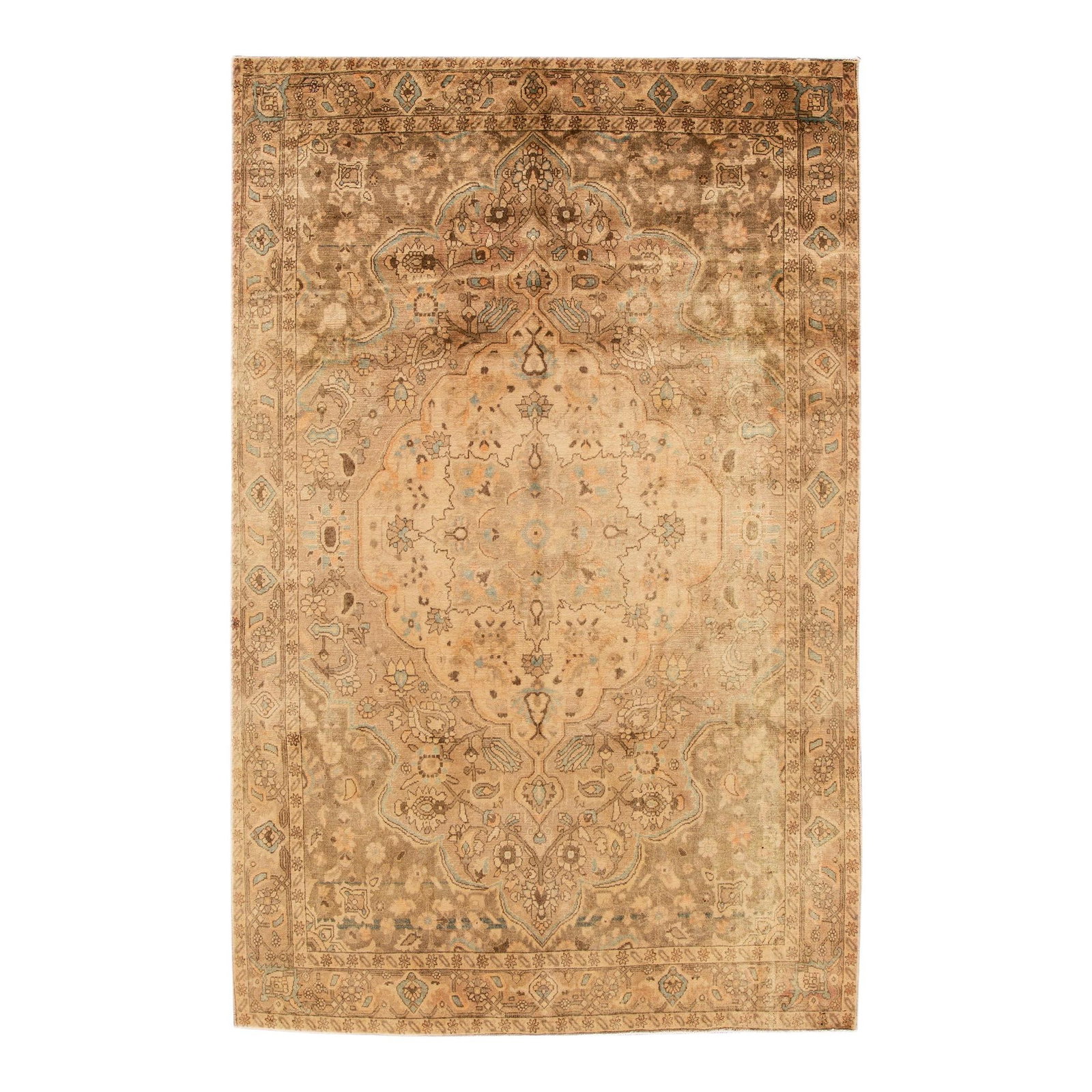 Vintage Tabriz Hand-Knotted Beige Floral Wool Rug 6'10 X 10'1: Vintage Tabriz Hand-Knotted Beige Floral Wool Rug 6'10 X 10'1 Discover the elegance of this vintage Tabriz hand-knotted wool rug, featuring a stunning beige field adorned with a tan accent floral meda