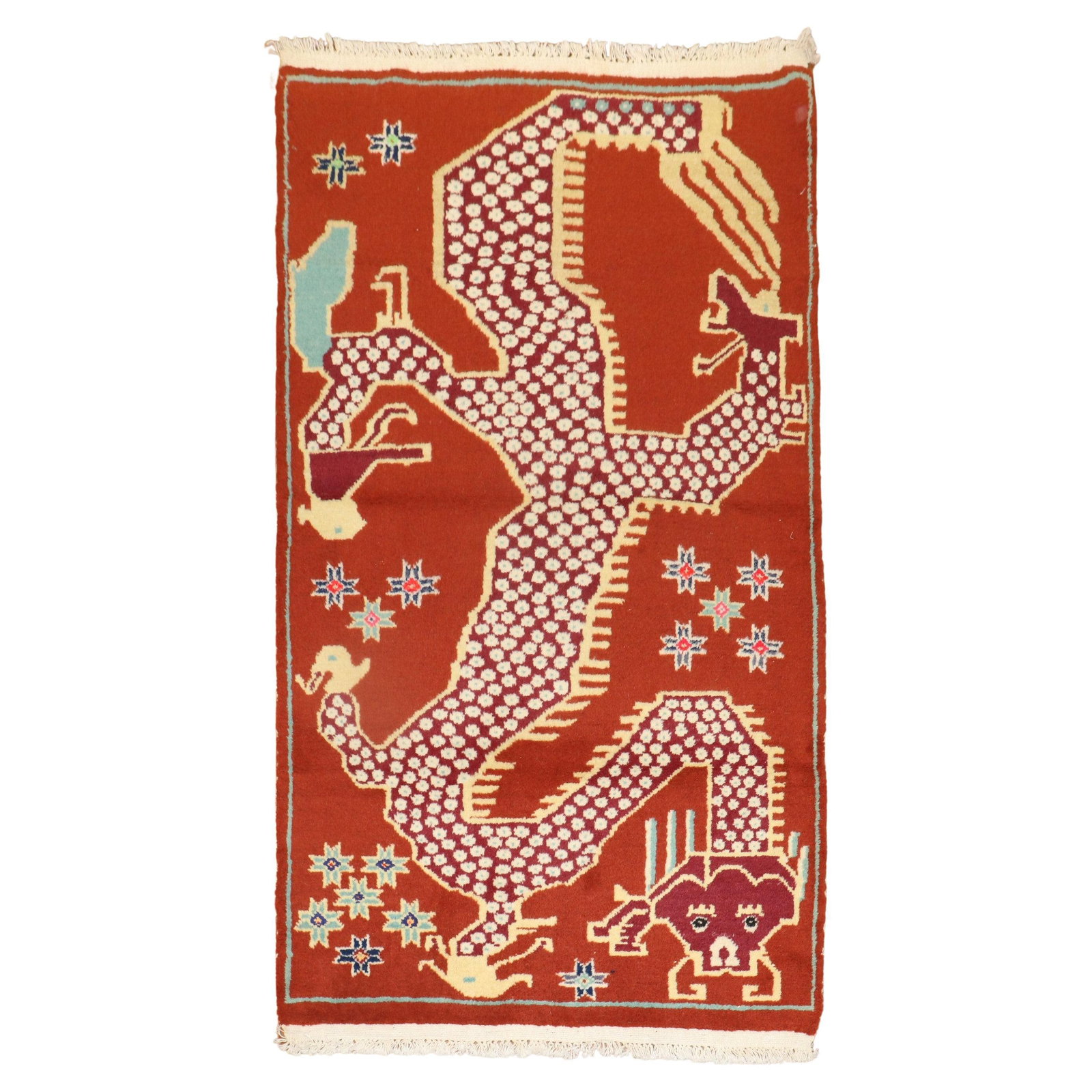 Colorful Dragon Vintage Tibetan Wool Rug Hand-Knotted Folk Art: Colorful Dragon Vintage Tibetan Wool Rug Hand-Knotted Folk Art This unique vintage Tibetan rug features a striking dragon motif, showcasing the rich cultural heritage of folk art. Hand-knotted from hi