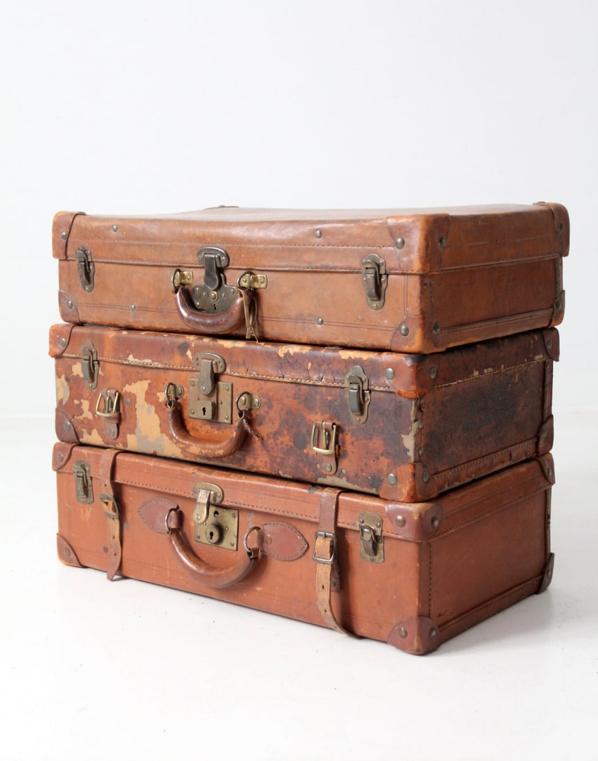 Classic Antique Leather Trunk Set of 3 with Monograms (1 of 15)
