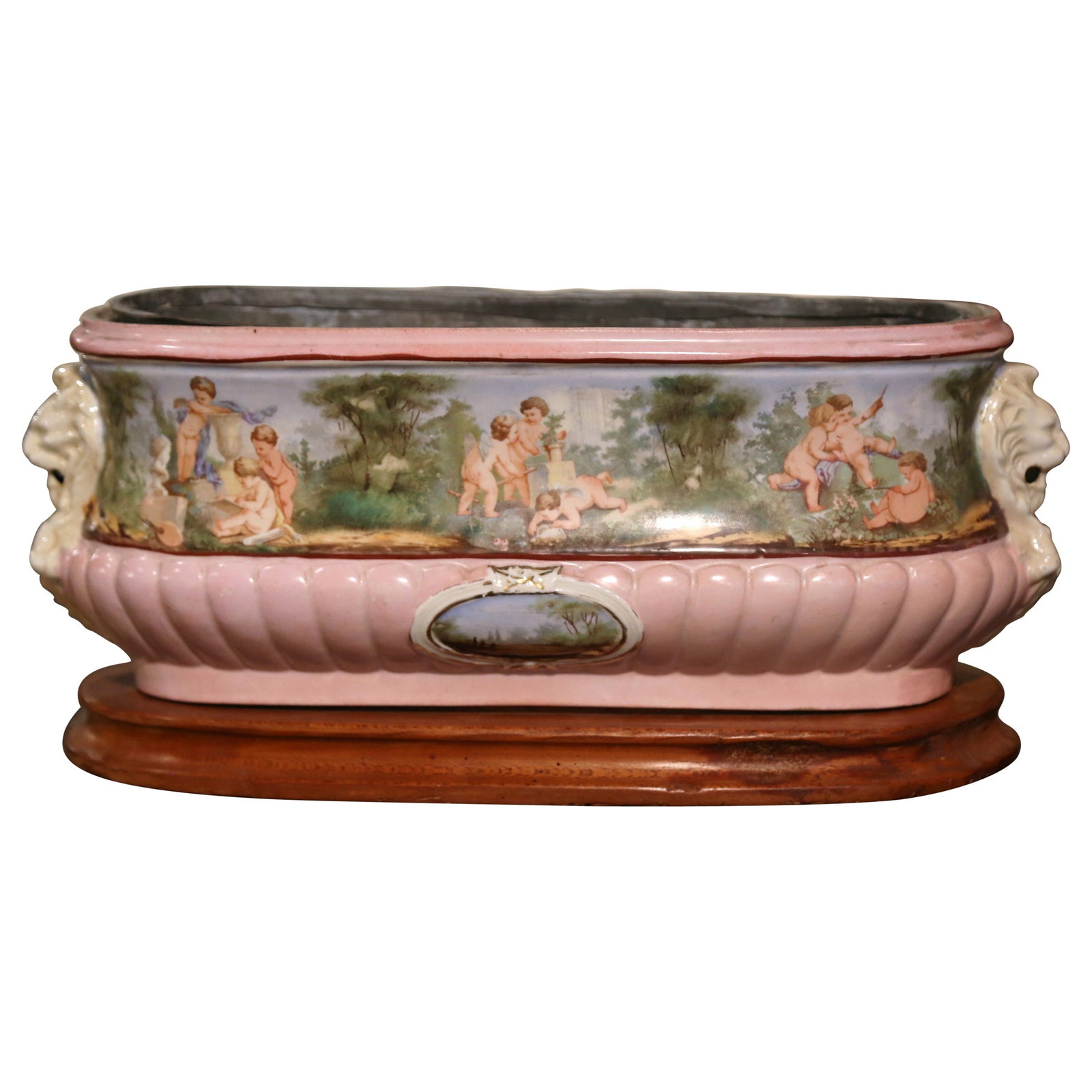 19th Century French Hand-Painted Faience Jardiniere with Wood Base: 19th Century French Hand-Painted Faience Jardiniere with Wood Base Enhance your home decor with this exquisite 19th Century French Hand Painted Faience Jardiniere, elegantly crafted circa 1870. This s