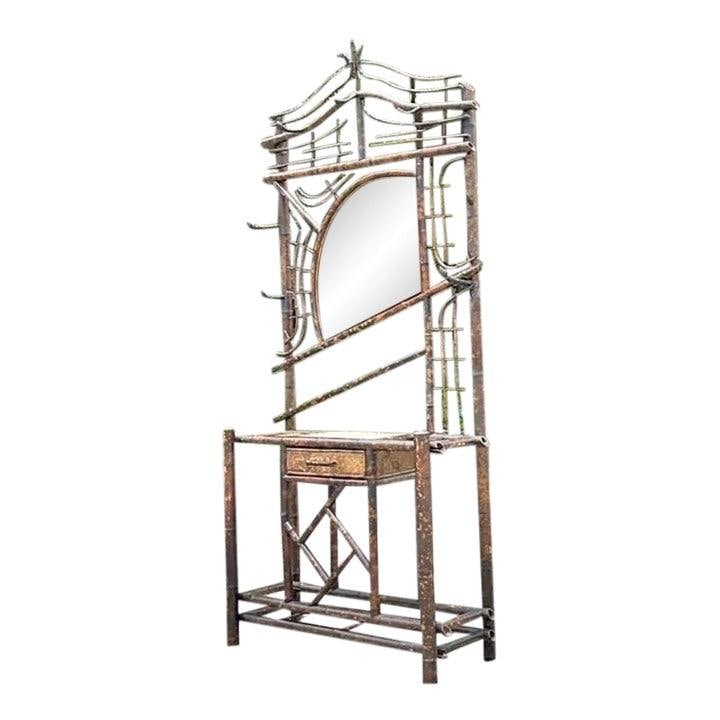 Vintage Tortoise Bamboo Hall Tree with Mirror 84 Inches Tall: Vintage Tortoise Bamboo Hall Tree with Mirror 84 Inches Tall Add a splash of tropical vintage charm to your entryway with this exquisite tortoise bamboo hall tree. Crafted from bamboo, this piece feat