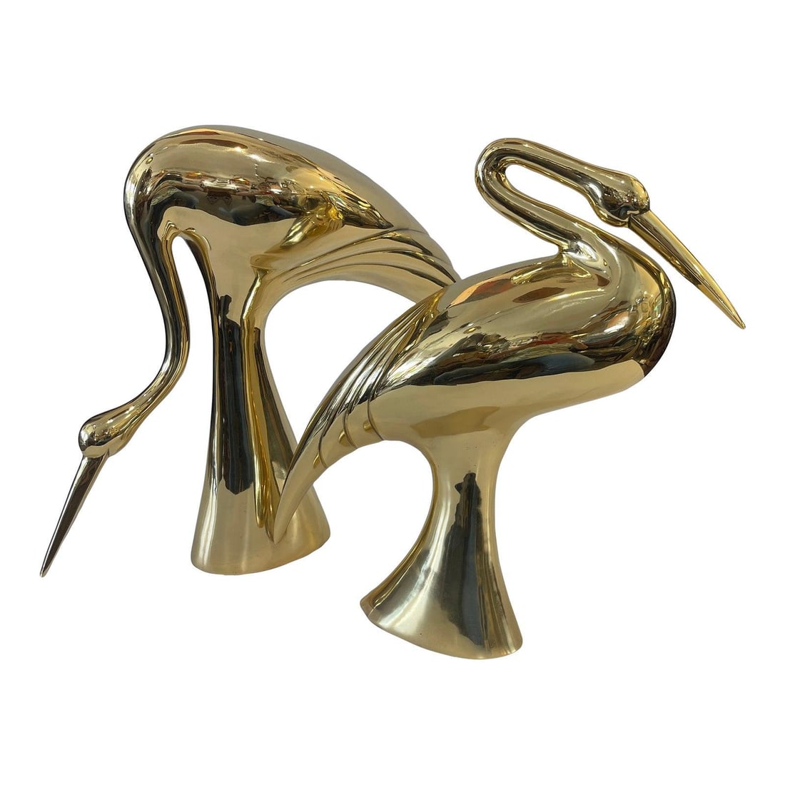 Pair of Italian Art Deco Brass Crane Sculptures 1960s: Pair of Italian Art Deco Brass Crane Sculptures 1960s Enhance your decor with this stunning set of Rare Italian Art Deco Style Large Brass Crane Sculptures from the 1960s. Featuring clean lines and a 