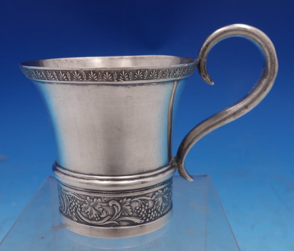 Coin silver child's drinking cup by Jones Lows Ball grape motif (1 of 8)