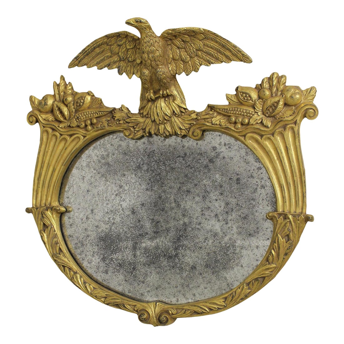 Elegant Federal Style Gold Gilt Eagle Mirror 26 x 25: Elegant Federal Style Gold Gilt Eagle Mirror 26 x 25 This exquisite Federal Style Gold Gilt Eagle Carved Looking Glass Mirror showcases a stunning ornate eagle design atop the frame, reflecting the el