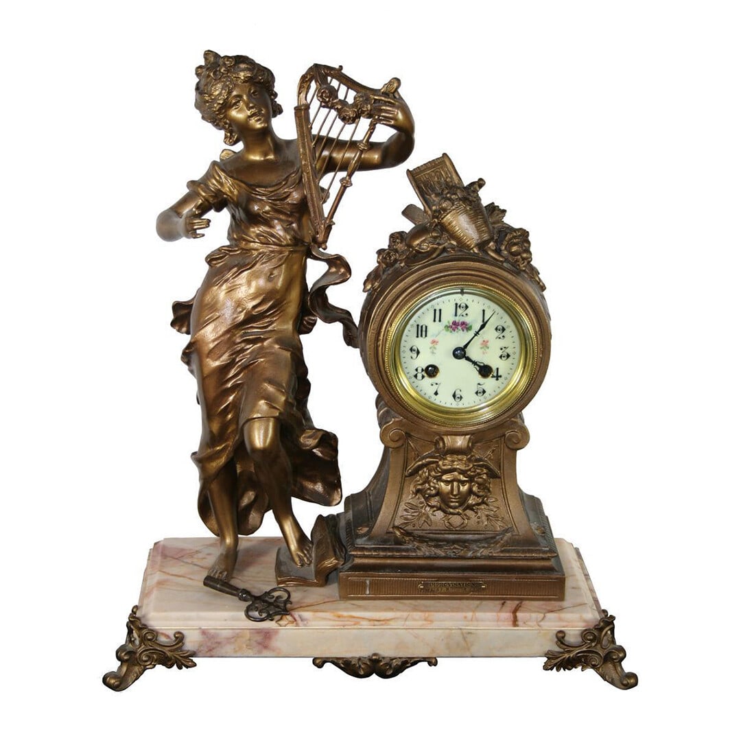 Signed French Victorian Desk Clock by L F Moreau Harp Figure: Signed French Victorian Desk Clock by L F Moreau Harp Figure This antique French Victorian mantel clock is signed "Improvisation par L & F Moreau." The medium-sized desk clock features a prominent fig