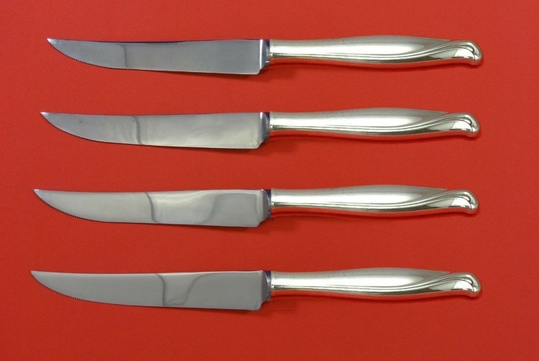 Alvin Spring Bud Sterling Silver Steak Knife Set 4pc Custom Made 8.5in: Alvin Spring Bud Sterling Silver Steak Knife Set 4pc Custom Made 8.5in This exquisite 4-piece steak knife set features the elegant Spring Bud pattern by Alvin. Made from high-quality sterling silver w