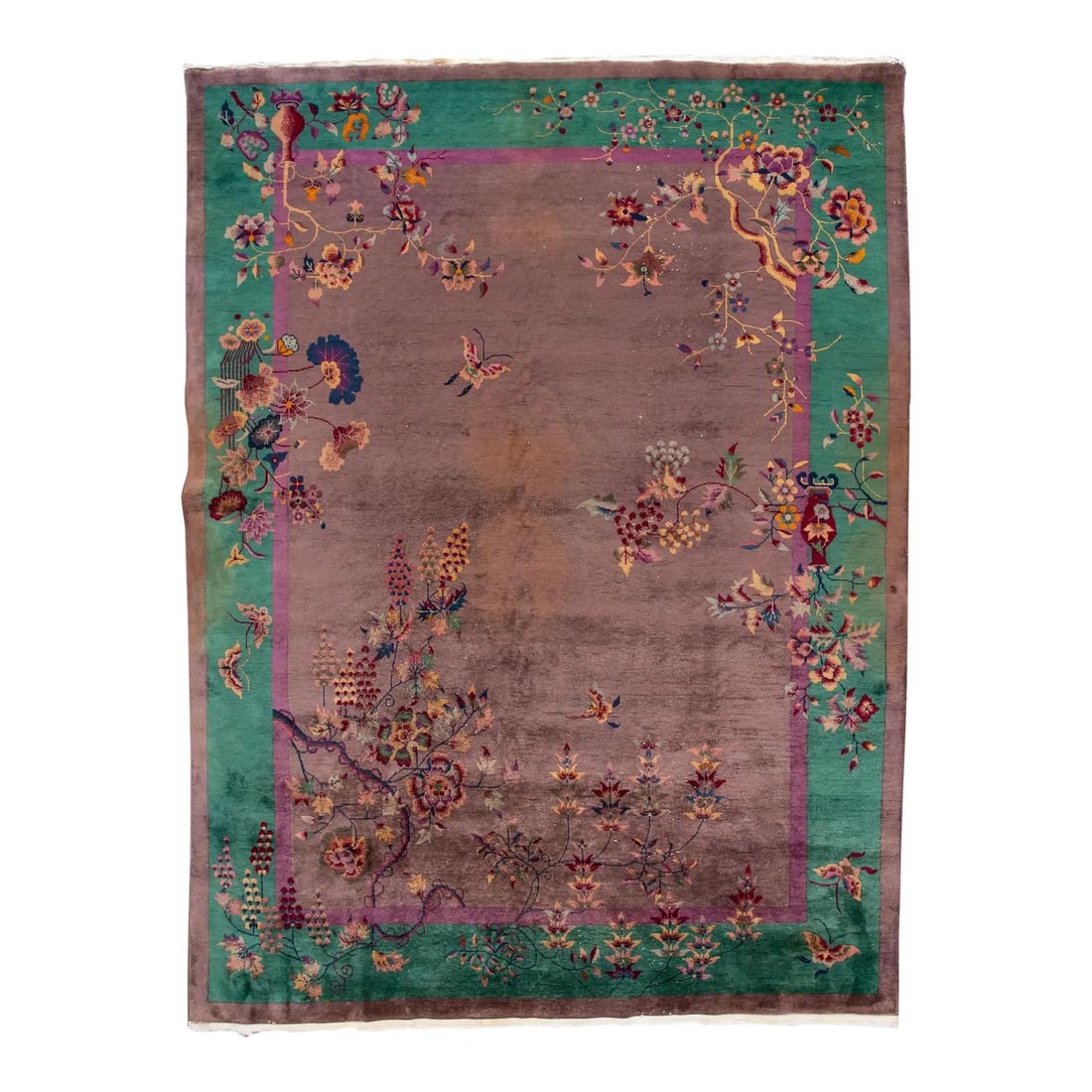 8'10" x 11'7" Antique Chinese Wool Rug in Plum and Jade Floral Design: 8'10" x 11'7" Antique Chinese Wool Rug in Plum and Jade Floral Design Antique Chinese Art Deco rug from the 1920s-1930s featuring a plum-brown field with an emerald green border and asymmetrical flora