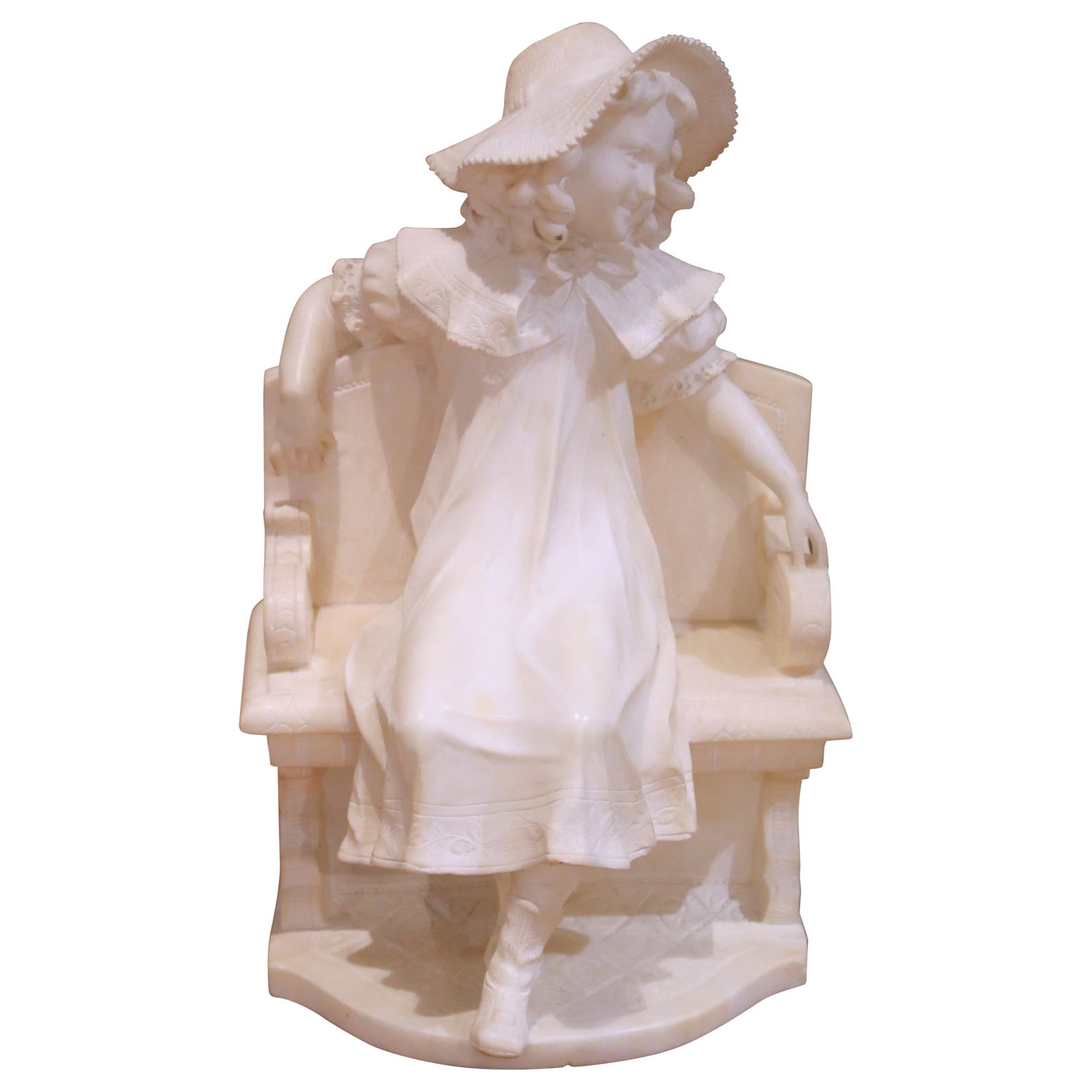 Italian Romantic Marble Sculpture of Seated Girl in the Style of Fiaschi circa 1890: Italian Romantic Marble Sculpture of Seated Girl in the Style of Fiaschi circa 1890 This late 19th-century Italian marble sculpture, crafted in the manner of Emilio Fiaschi, features a young girl seat