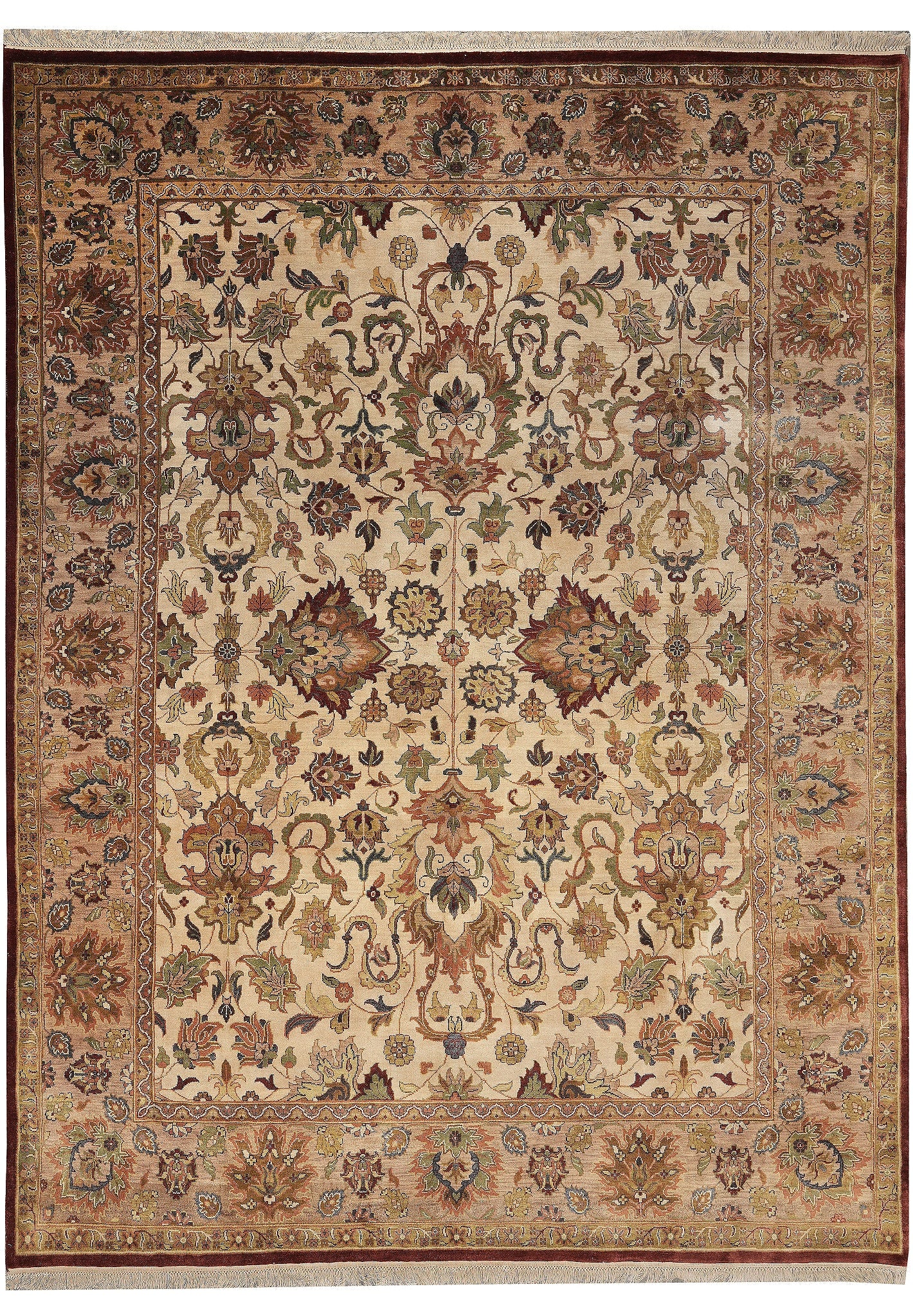 9 x 12 Hand-Knotted Wool Agra Rug Beige Gold Floral Design: 9 x 12 Hand-Knotted Wool Agra Rug Beige Gold Floral Design Free continental US Shipping This 9 x 12 hand-knotted Agra rug is crafted from high-quality natural wool, featuring a refined beige and gold 