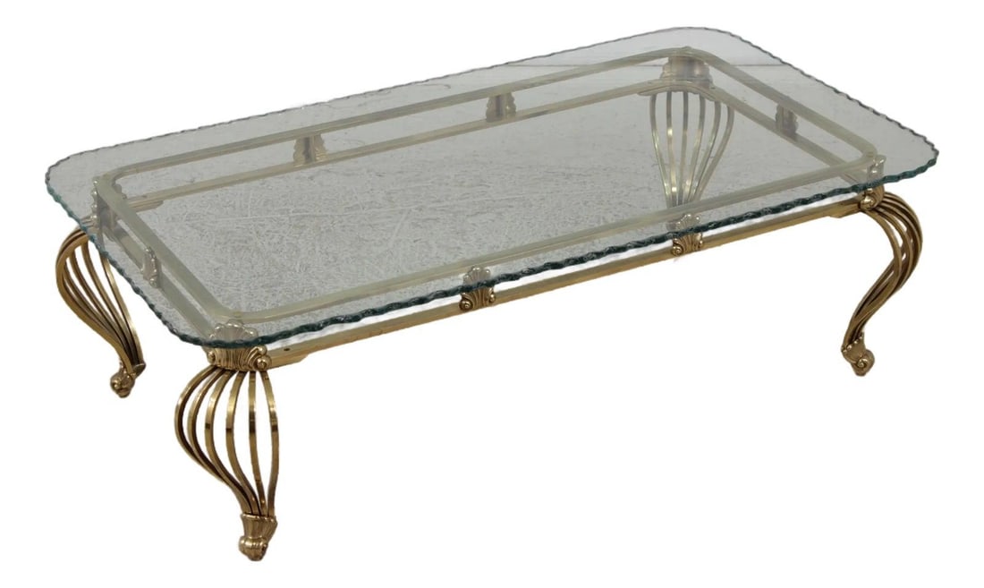 Hollywood Regency Style Brass and Glass Coffee Table with Chipped Edge Glass (1 of 10)