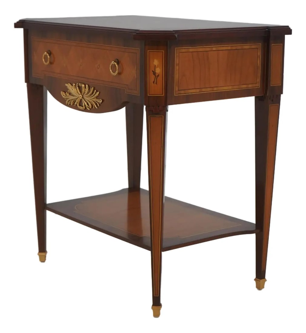 Italian Classical Inlaid Wood Nightstand with Single Drawer and Brass Accents (1 of 10)