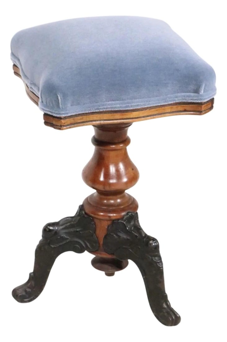 Victorian Adjustable Organ Stool Cast Iron Legs Blue Upholstered Seat: Victorian Adjustable Organ Stool Cast Iron Legs Blue Upholstered Seat This 19th-century Victorian organ stool features an adjustable height mechanism, allowing for a range between 21 and 25 inches. It