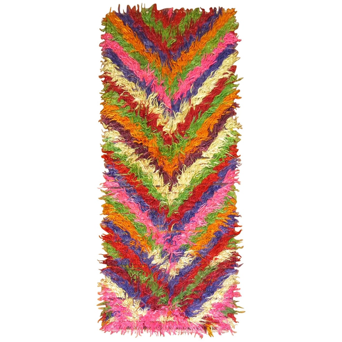 Vibrant 1970s Turkish Tulu Shag Runner 43 x 107 Hand-Knotted Wool: Vibrant 1970s Turkish Tulu Shag Runner 43 x 107 Hand-Knotted Wool This stunning Wide Bohemian Turkish Tulu Shag Runner showcases vibrant wild colors and a unique design, perfect for adding a touch of 