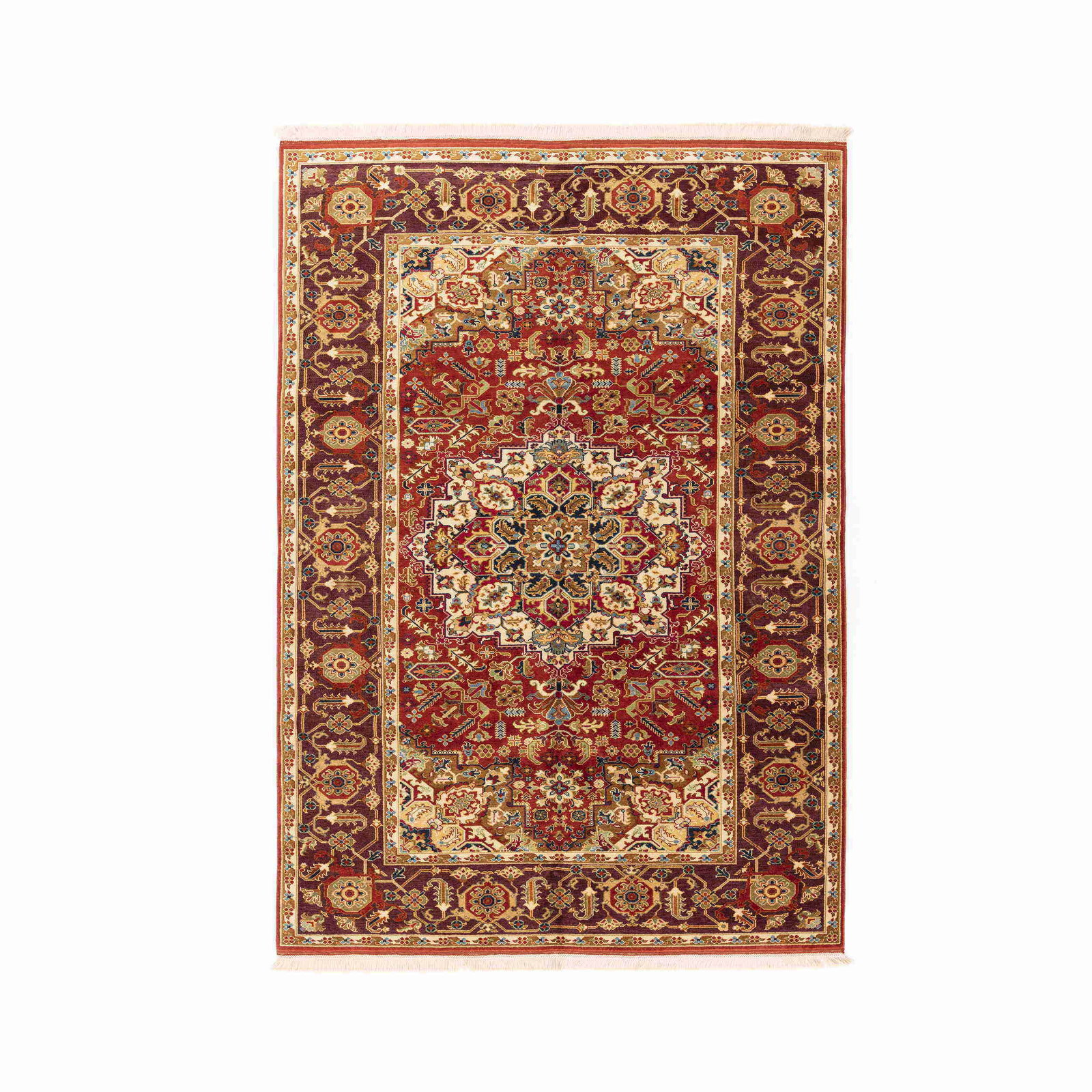 Authentic Handmade Usak Wool Carpet 80 x 113 Red Gold: Authentic Handmade Usak Wool Carpet 80 x 113 Red Gold Discover the beauty of this Authentic Handmade Usak Carpet, crafted from high-quality wool on wool. This exquisite piece showcases double knots, a