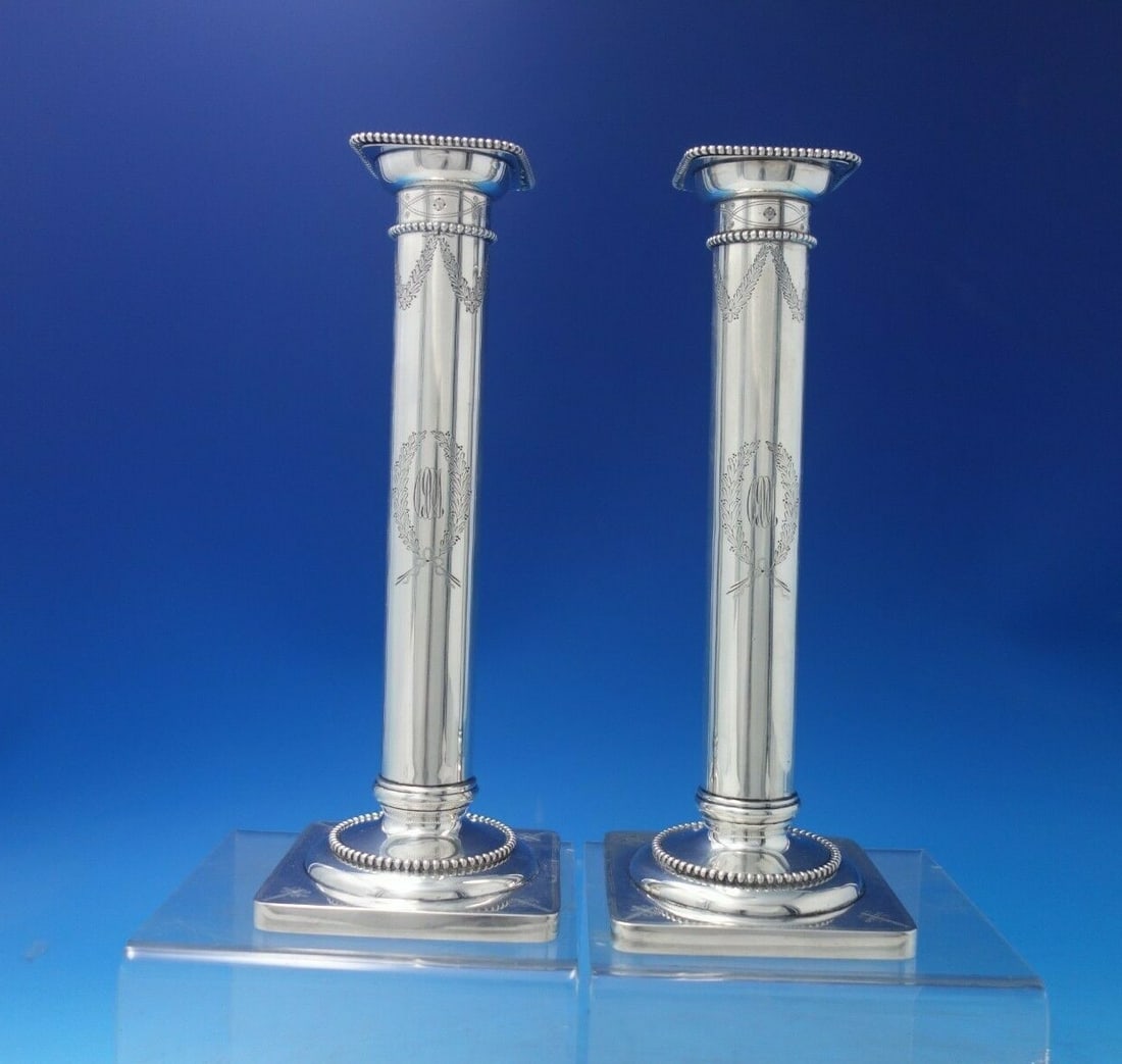 Bigelow Kennard Beaded Sterling Silver Candlestick Pair 9.25" Tall: Bigelow Kennard Beaded Sterling Silver Candlestick Pair 9.25" Tall This exquisite pair of sterling silver candlesticks by Bigelow Kennard features a classic beaded design and bright-cut detailing with