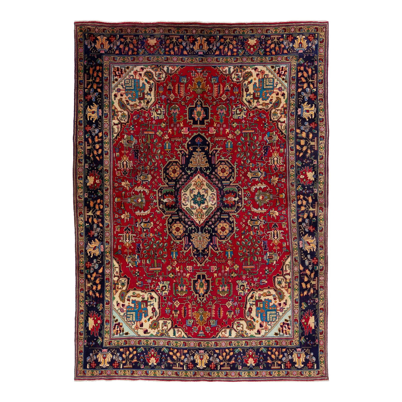 Vintage Persian Heriz Wool Rug 8' x 11'4' Red Medallion: Vintage Persian Heriz Wool Rug 8' x 11'4' Red Medallion Discover the elegance of this vintage Persian Heriz hand-knotted wool rug, featuring a striking red field adorned with a vibrant multicolor meda
