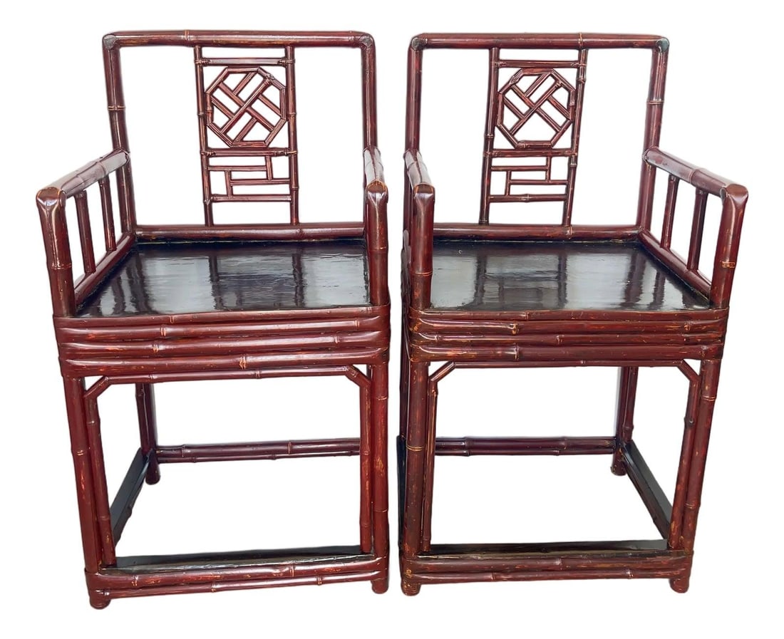 Pair of Antique Chinese Bamboo Armchairs with Maroon Lacquer Finish (1 of 10)