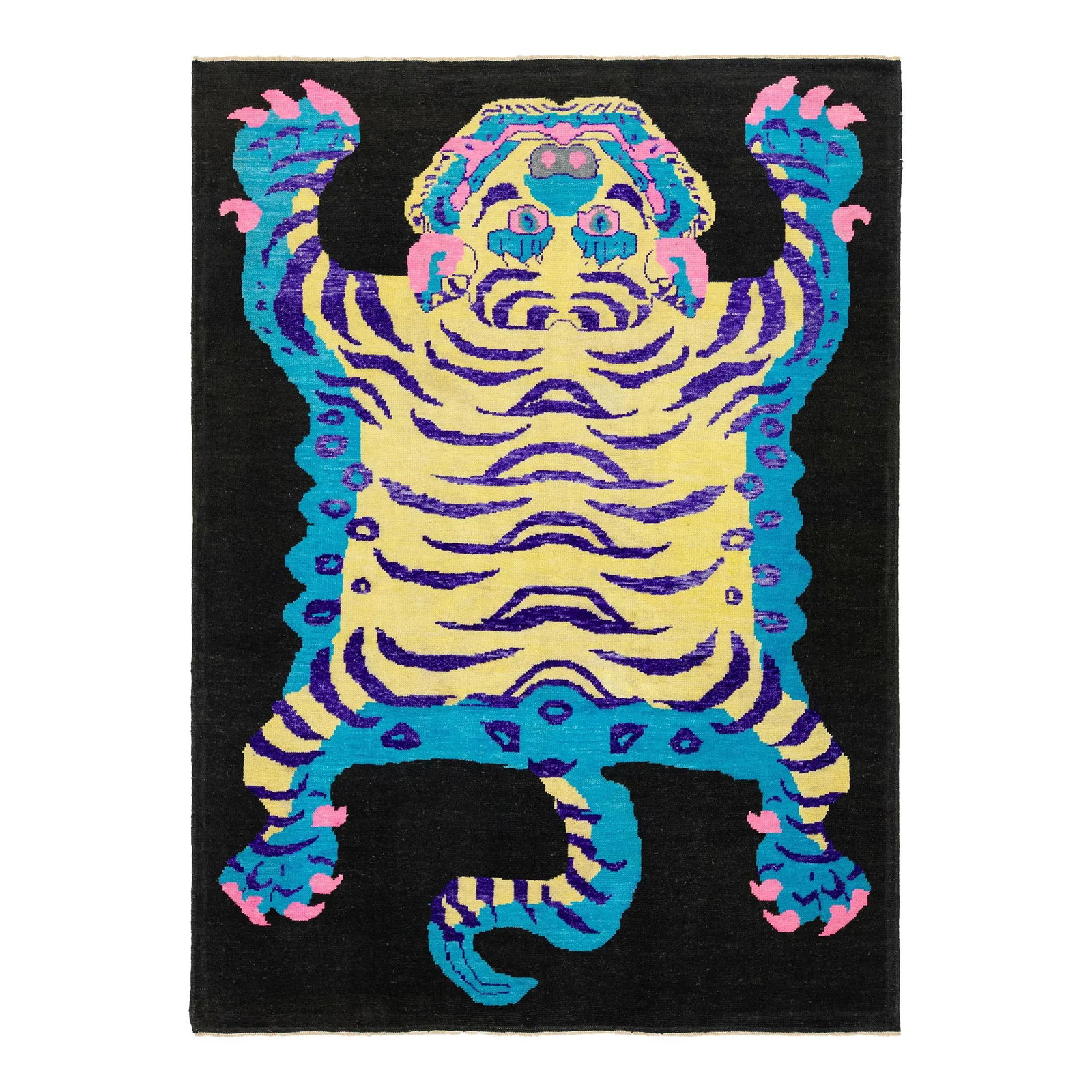 Handmade Turkish Art Deco Wool Rug Black Tiger Design 7' x 9'8: Handmade Turkish Art Deco Wool Rug Black Tiger Design 7' x 9'8 Enhance your living space with this exquisite handmade Turkish Art Deco wool rug. Featuring a striking black field, this rug showcases a 