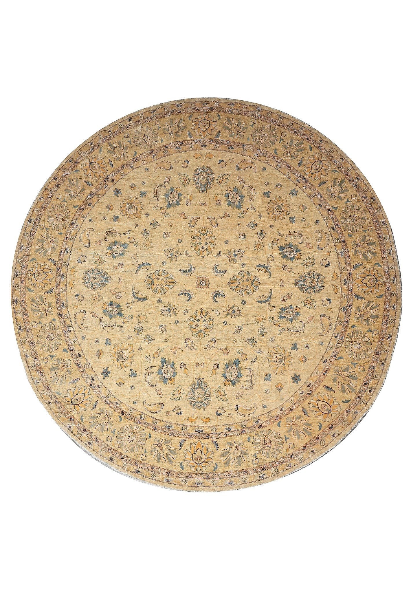 13 x 13 Feet Round Chobi Peshawar Zigler Natural Wool Rug: 13 x 13 Feet Round Chobi Peshawar Zigler Natural Wool Rug Free continental US Shipping This round Chobi Peshawar Zigler rug is crafted from natural wool and measures 13 x 13 feet. It features a classi