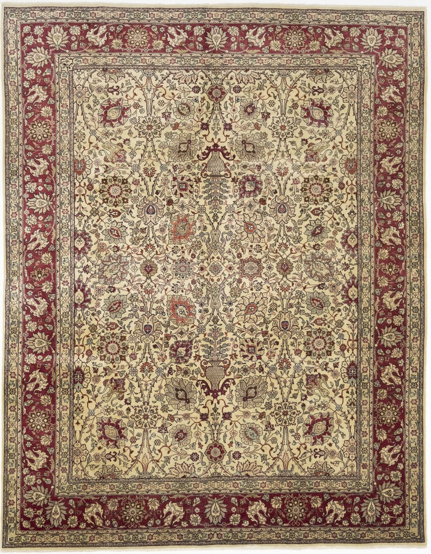 Wool Floral Oriental Area Rug 9x11'6 Hand-Knotted Semi-Antique Cream Carpet: Wool Floral Oriental Area Rug 9x11'6 Hand-Knotted Semi-Antique Cream Carpet This semi-antique floral oriental rug features a hand-knotted wool construction, offering durability and timeless appeal. Th