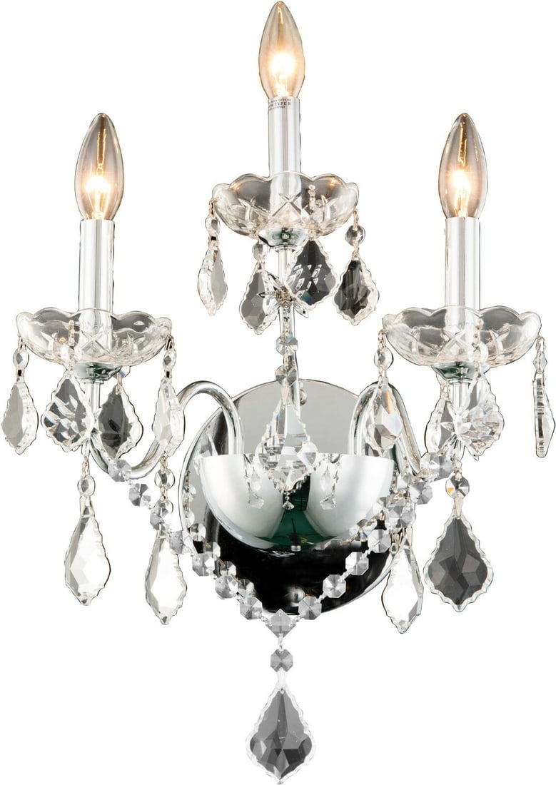 St. Francis 3 Light Chrome Crystal Wall Sconce 17 Inch: St. Francis 3 Light Chrome Crystal Wall Sconce 17 Inch This contemporary wall sconce features a polished chrome finish with elegant royal cut French pendant crystals, creating a striking accent for di