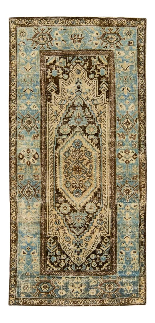 Antique Malayer Handmade Wool Rug Beige Blue Medallion 4'2 x 9'1: Antique Malayer Handmade Wool Rug Beige Blue Medallion 4'2 x 9'1 Discover the elegance of this antique Malayer handmade wool rug, featuring a stunning beige field adorned with a blue frame and intrica