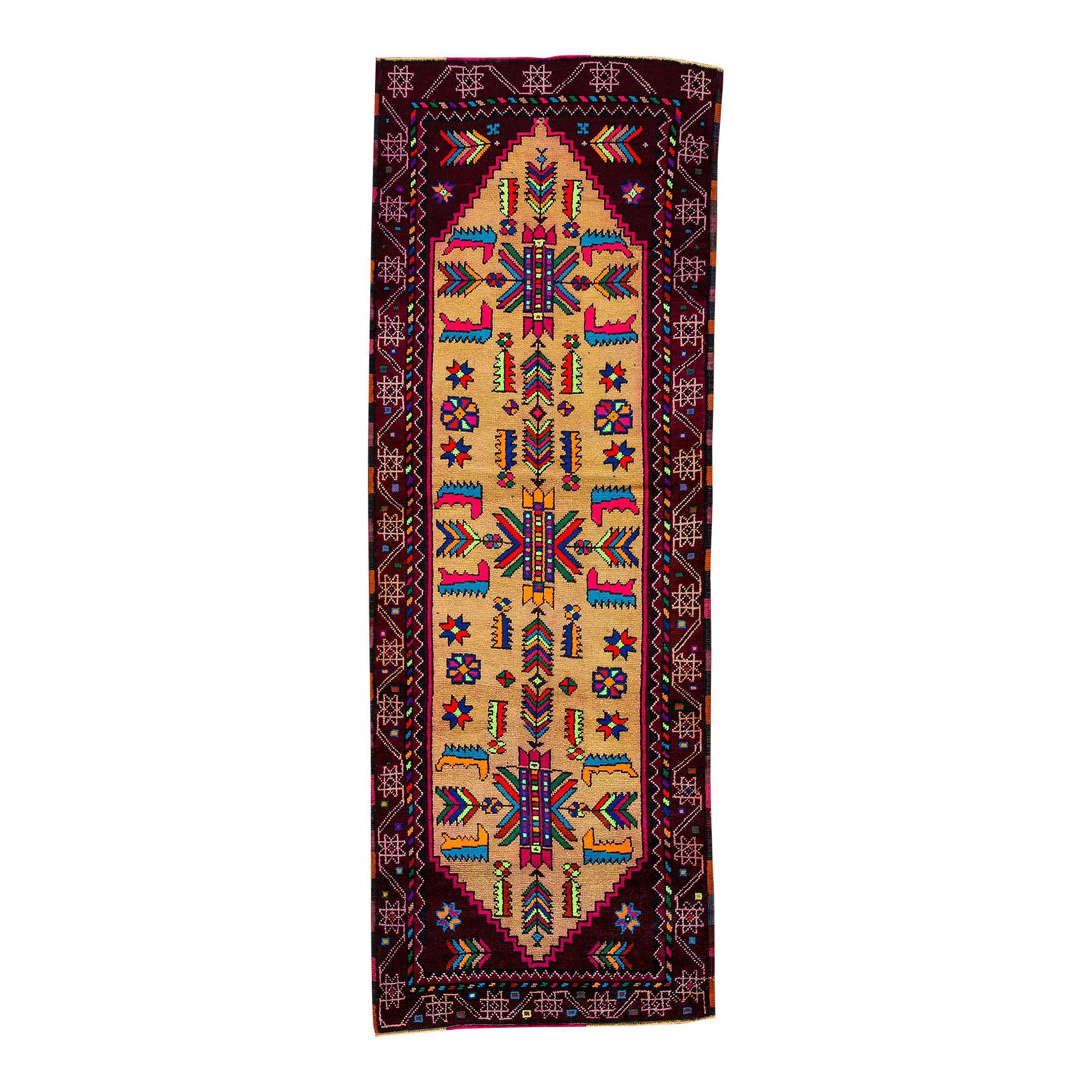 Vintage Turkish Anatolian Wool Runner 3' x 8'2'' Multicolored Design: Vintage Turkish Anatolian Wool Runner 3' x 8'2'' Multicolored Design Discover the charm of this Vintage 1970s Turkish Anatolian runner, featuring a light tan/beige field adorned with a vibrant multico