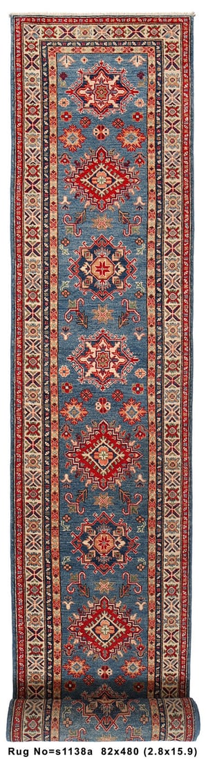 Handmade Kazak Area Rug 2'8" x 15'9" Blue Wool Pakistan: Handmade Kazak Area Rug 2'8" x 15'9" Blue Wool Pakistan Free continental US Shipping Introducing a stunning Handmade Kazak Rug that brings timeless elegance to your space. Measuring 2'8" x 15'9", this