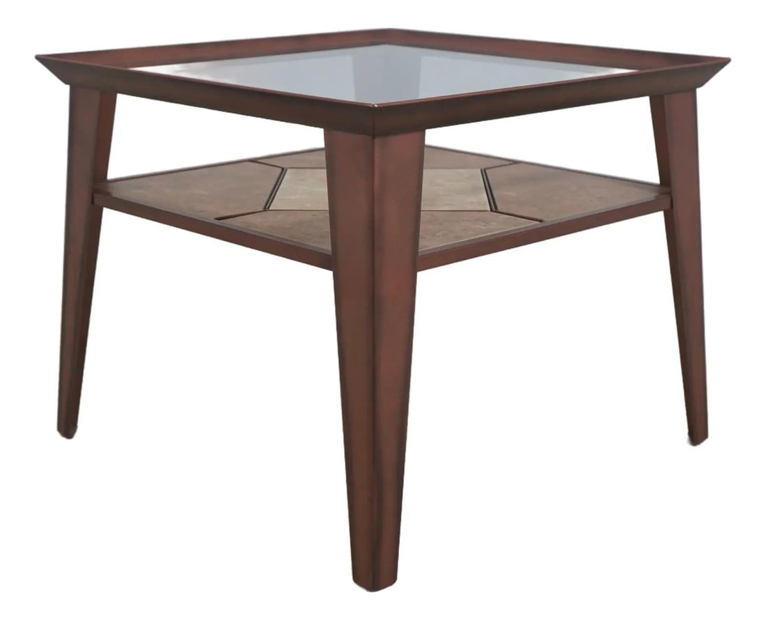 Modern Square Coffee Table With Glass Top and Lower Ceramic Tile Shelf (1 of 10)