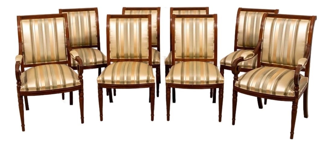 Set of 8 French Louis XVI Style Dining Chairs with Silk Upholstery: Set of 8 French Louis XVI Style Dining Chairs with Silk Upholstery This exquisite set of 8 dining room chairs features stunning French Louis XVI style, showcasing elegant striped silk upholstery and i