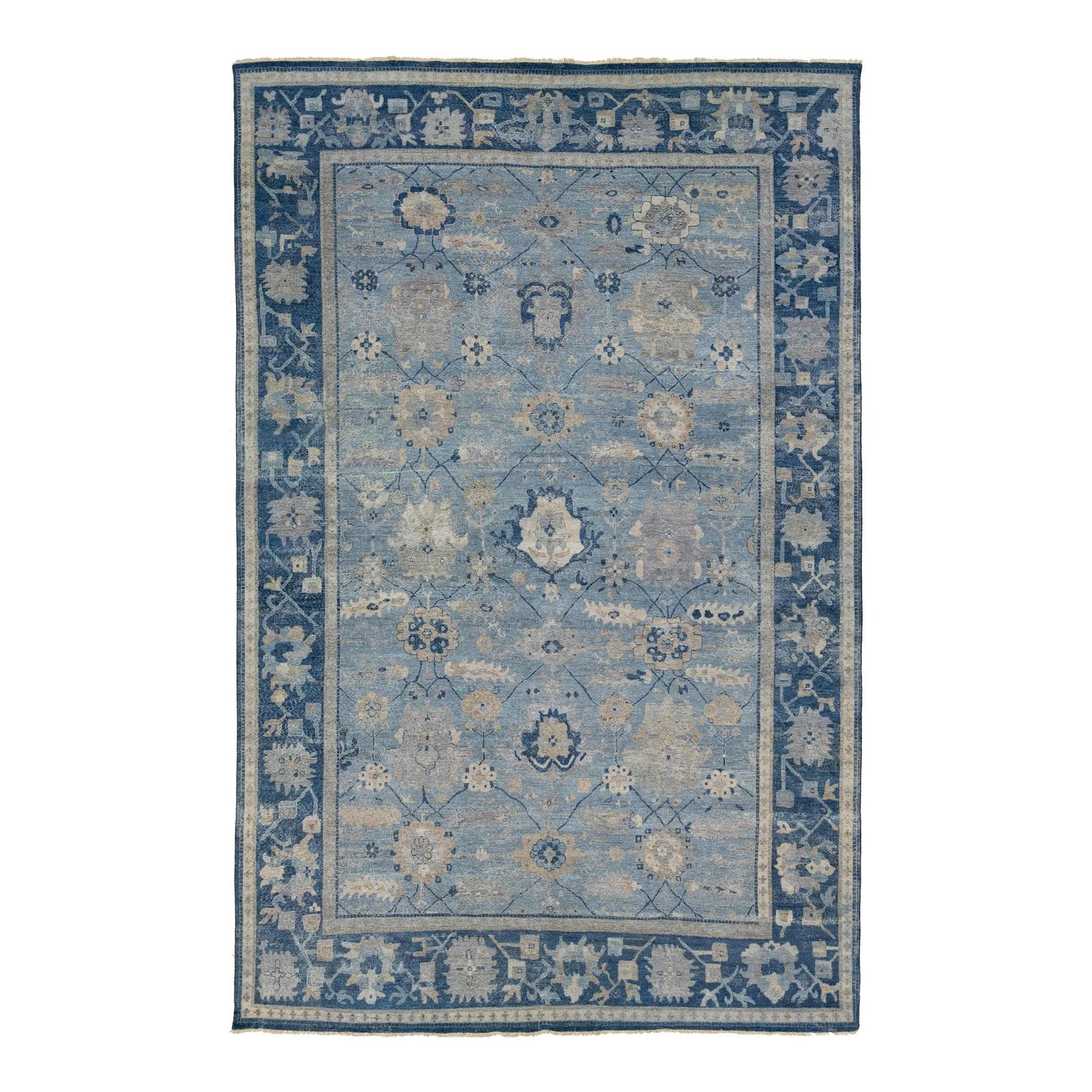 Handmade Indian Wool Tabriz Style Rug Blue 10'2 x 15'8: Handmade Indian Wool Tabriz Style Rug Blue 10'2 x 15'8 Elevate your home decor with this stunning Modern Tabriz Style Handmade Indian Wool Rug, a part of the Artisan Line. This unique piece seamlessly