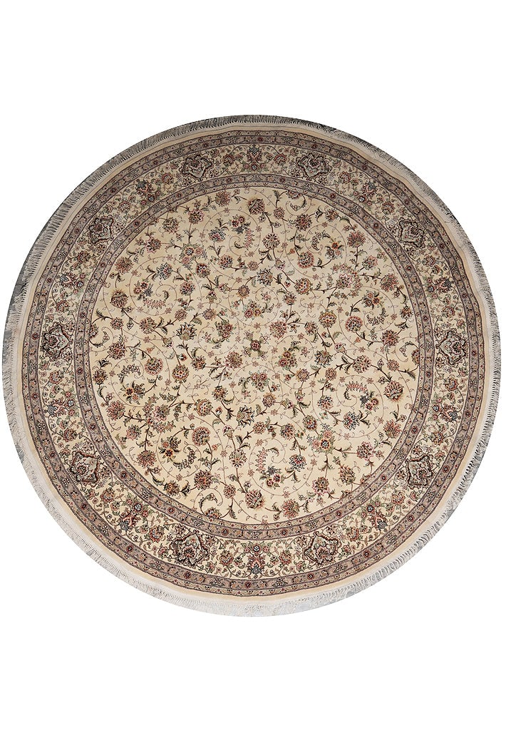 9 x 9 Round Hand-Knotted Wool Silk Tabriz Area Rug Ivory Green Pink: 9 x 9 Round Hand-Knotted Wool Silk Tabriz Area Rug Ivory Green Pink Free continental US Shipping This 9 x 9 round area rug is finely handmade in China using a blend of wool and silk. The rug features 