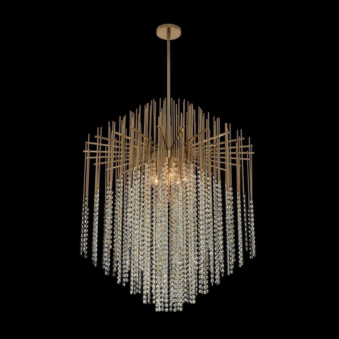 Kalco Estrella 32 Inch Crystal Gold Pendant Chandelier: Kalco Estrella 32 Inch Crystal Gold Pendant Chandelier Illuminate your space with the Elegant Estrella Crystal Gold Chandelier, a stunning piece that embodies Hollywood Regency style. This exquisite c