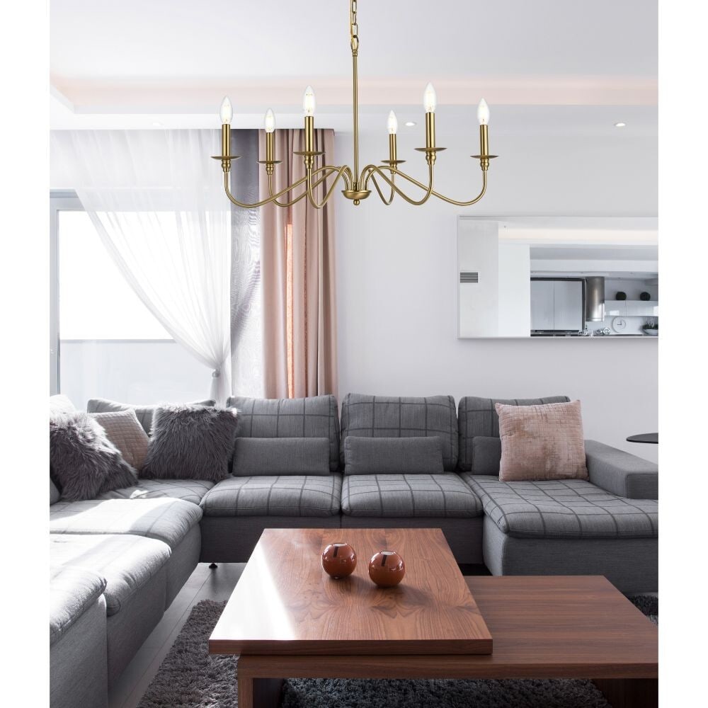 Living District Rohan 6-Light Satin Gold Chandelier 30 Inch: Living District Rohan 6-Light Satin Gold Chandelier 30 Inch This farmhouse-style chandelier features a satin gold finish and a round design, creating an elegant focal point for dining rooms, living ro