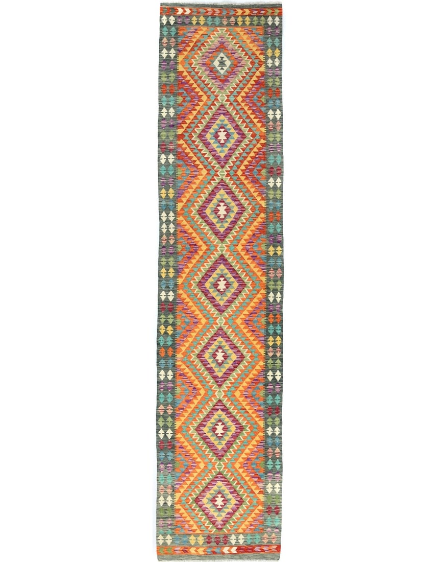 Wool Hand Woven Geometric Runner Rug 2'10 x 12'7 (1 of 13)