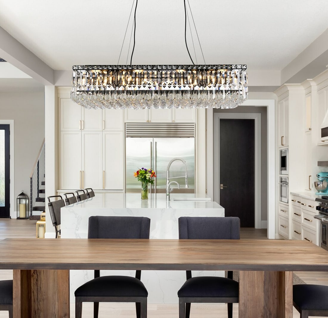 Maxime 16-Light Black Clear Crystal Chandelier 36 Inch: Maxime 16-Light Black Clear Crystal Chandelier 36 Inch This modern crystal chandelier features a striking black and clear finish with 16 lights, making it an elegant centerpiece for foyers, dining roo