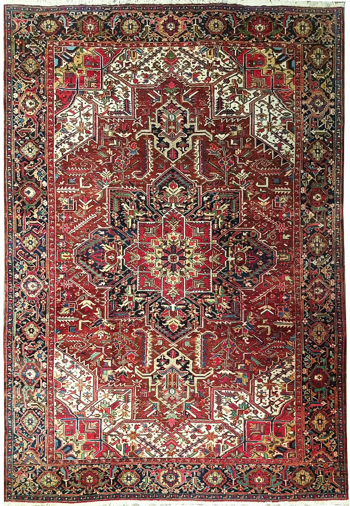 11.8 x 15.2 Semi-Antique Persian Heriz Hand-Knotted Area Rug: 11.8 x 15.2 Semi-Antique Persian Heriz Hand-Knotted Area Rug Free continental US Shipping Transform your living space with this stunning Semi-Antique Persian Heriz Rug, measuring 11.8 x 15.2 feet. Han